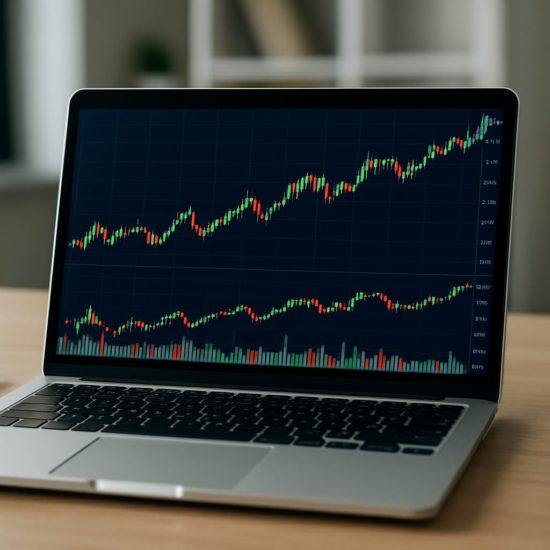 Laptop displaying financial market charts with a stack of dollar bills nearby