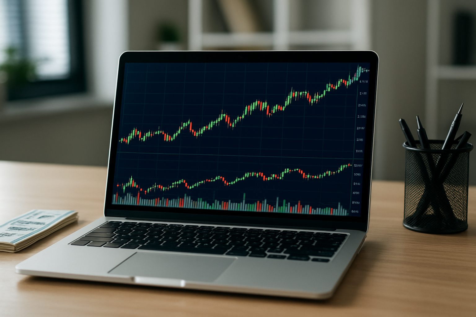 Laptop displaying financial market charts with a stack of dollar bills nearby