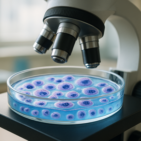 Microscope focusing on a petri dish filled with cultured cells.