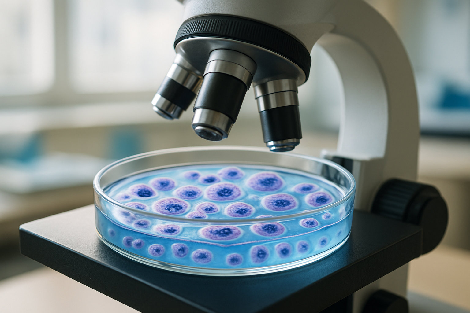 Microscope focusing on a petri dish filled with cultured cells.
