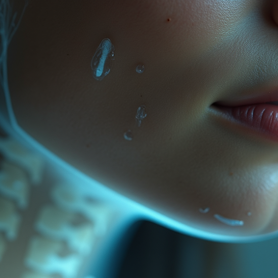 Close-up of a woman's jawline with droplets of water, highlighting skin texture and beauty.