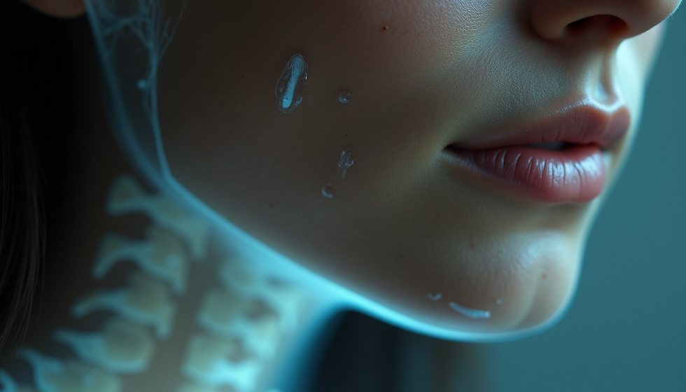 Close-up of a woman's jawline with droplets of water, highlighting skin texture and beauty.